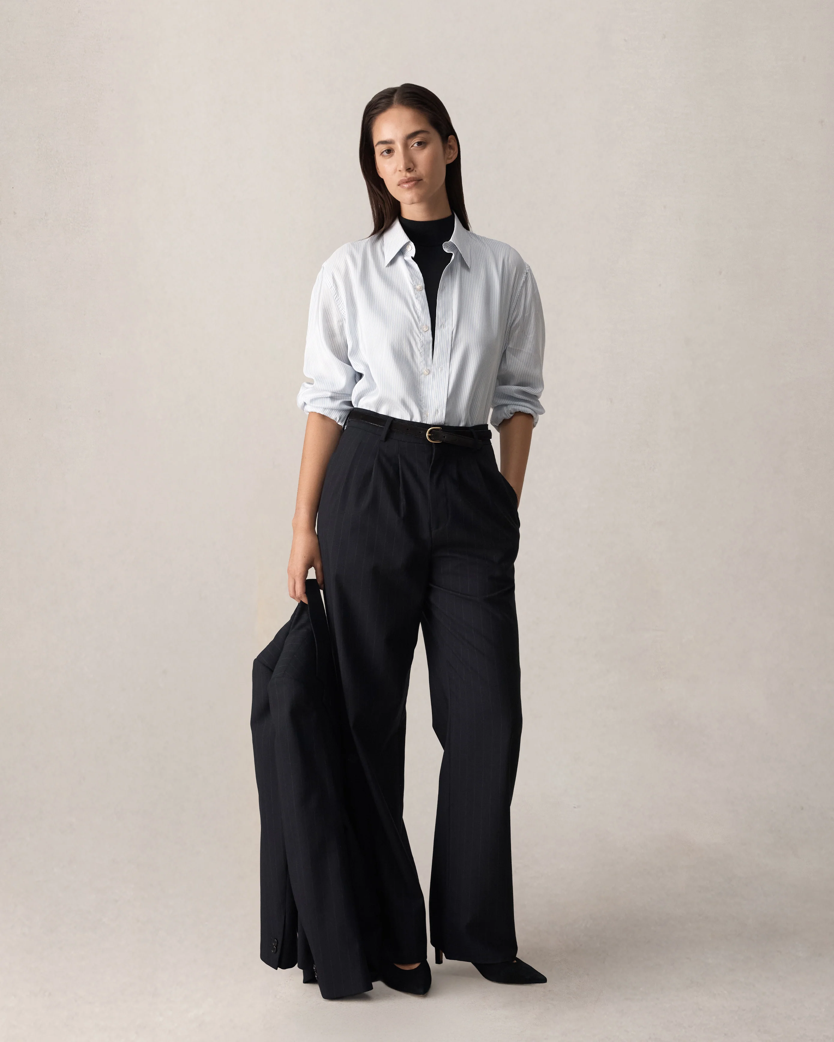 Ava Pleated Trouser - Navy Pinstripe - Image 4
