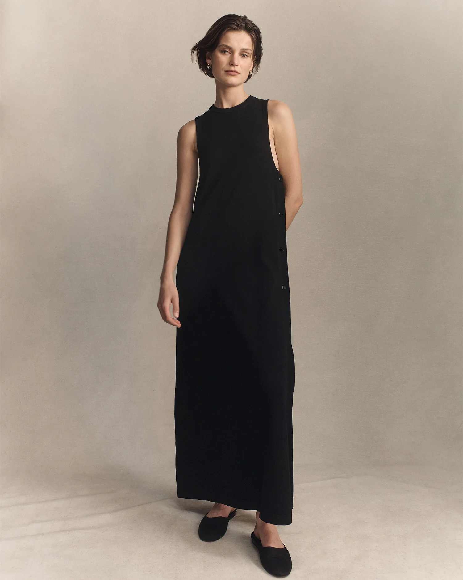 Crepe Knit Button Dress - Black - Image 3