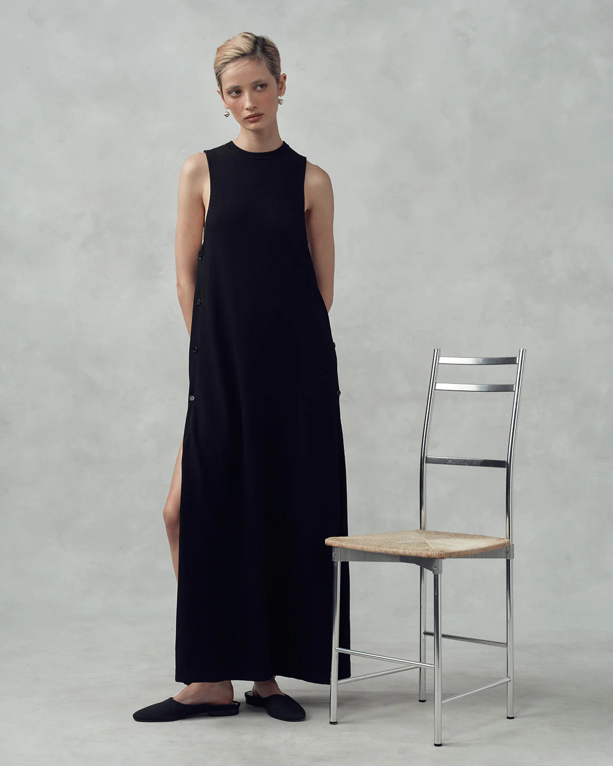Crepe Knit Button Dress - Black - Image 5
