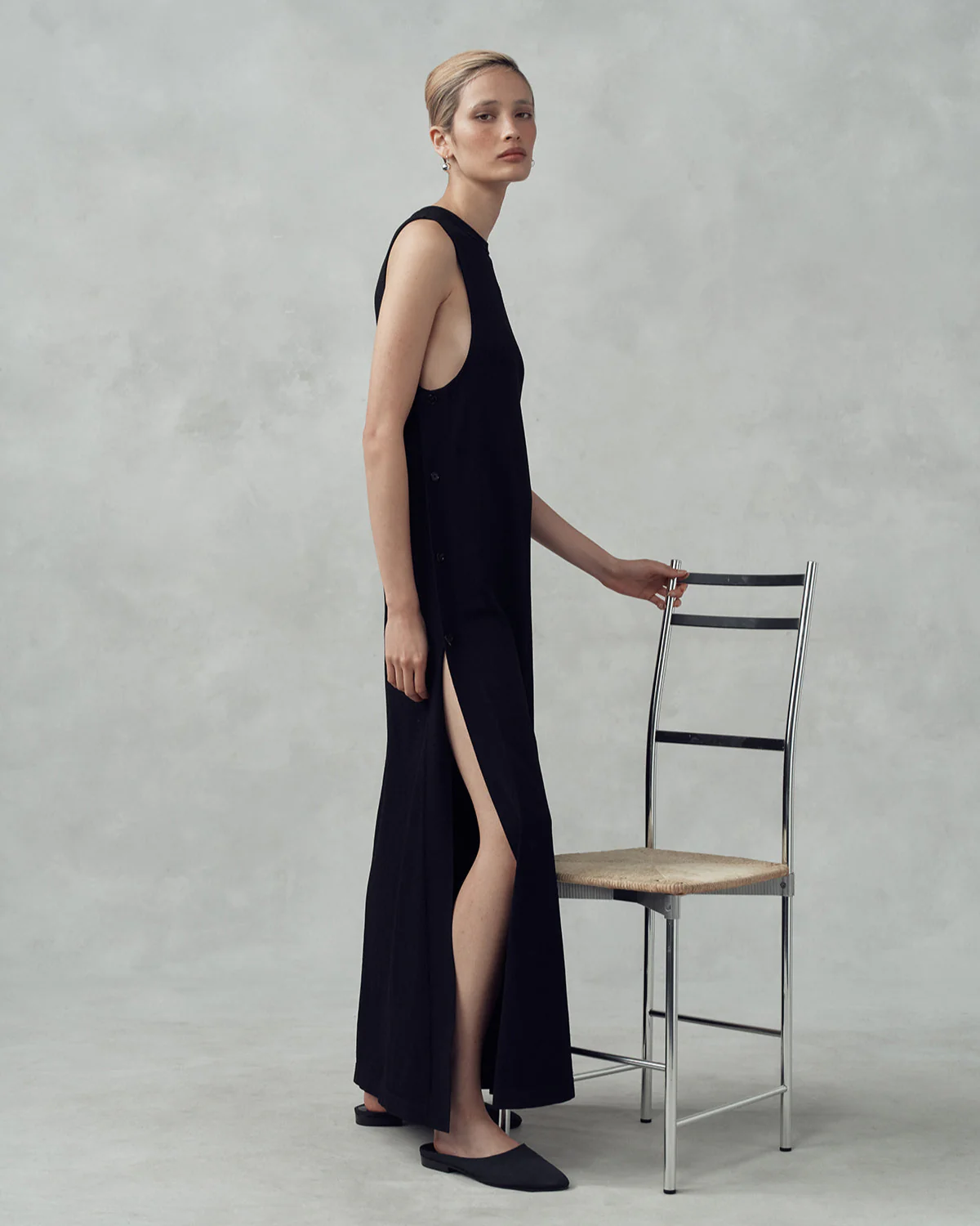 Crepe Knit Button Dress - Black - Image 6