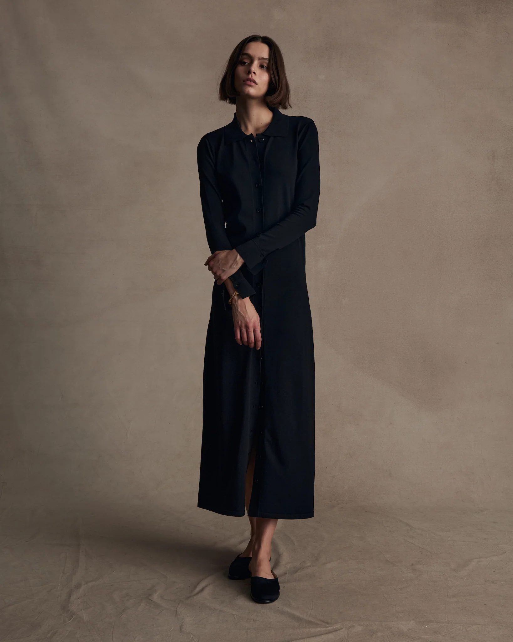 Crepe Knit Shirt Dress - Black - Image 4