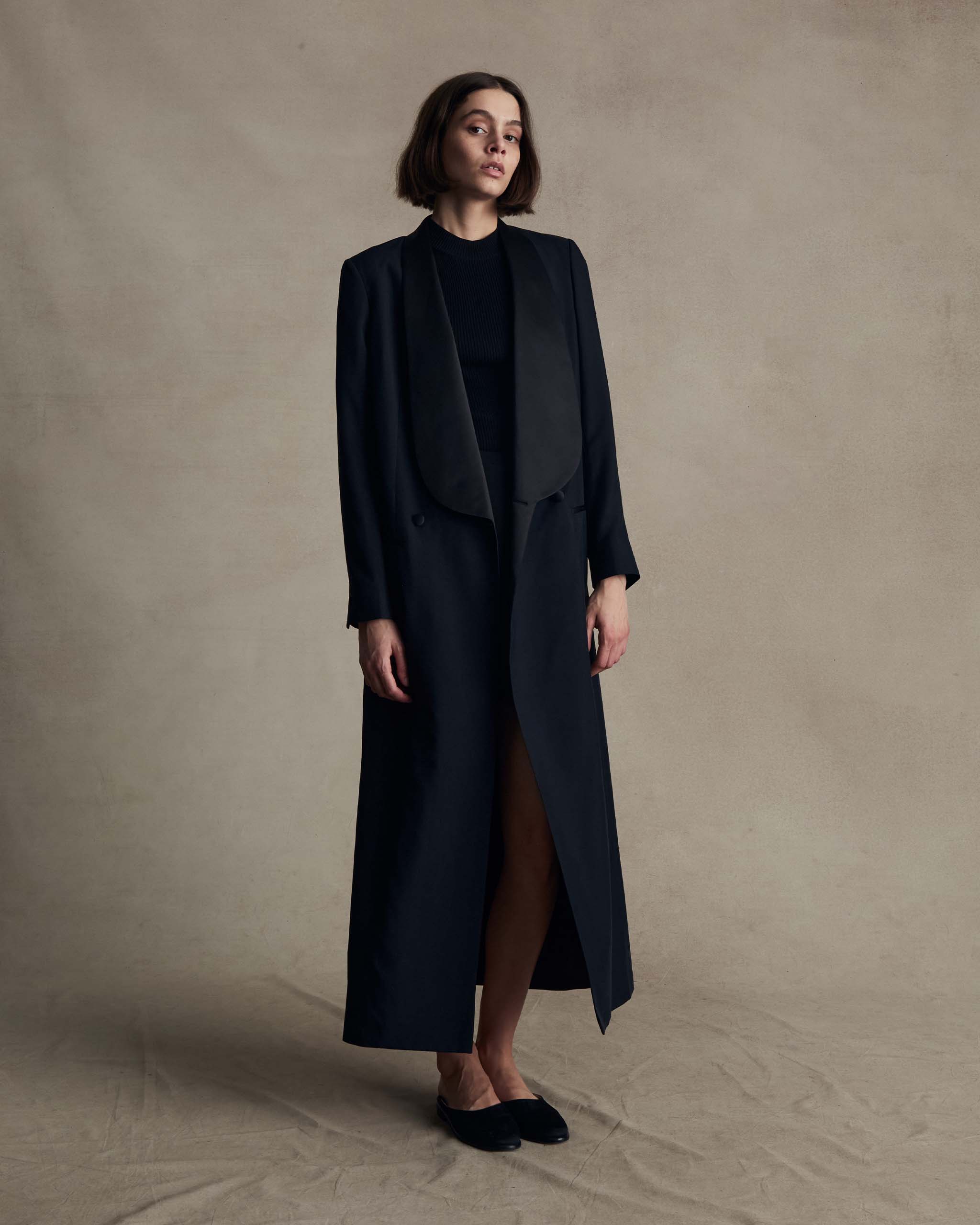 Black Silk Tuxedo Coat Dress - Image 5