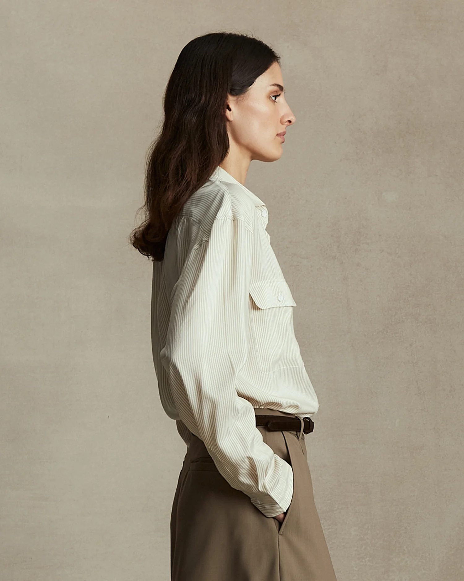 Camilla Shirt - Beige Stripe Silk - Image 3