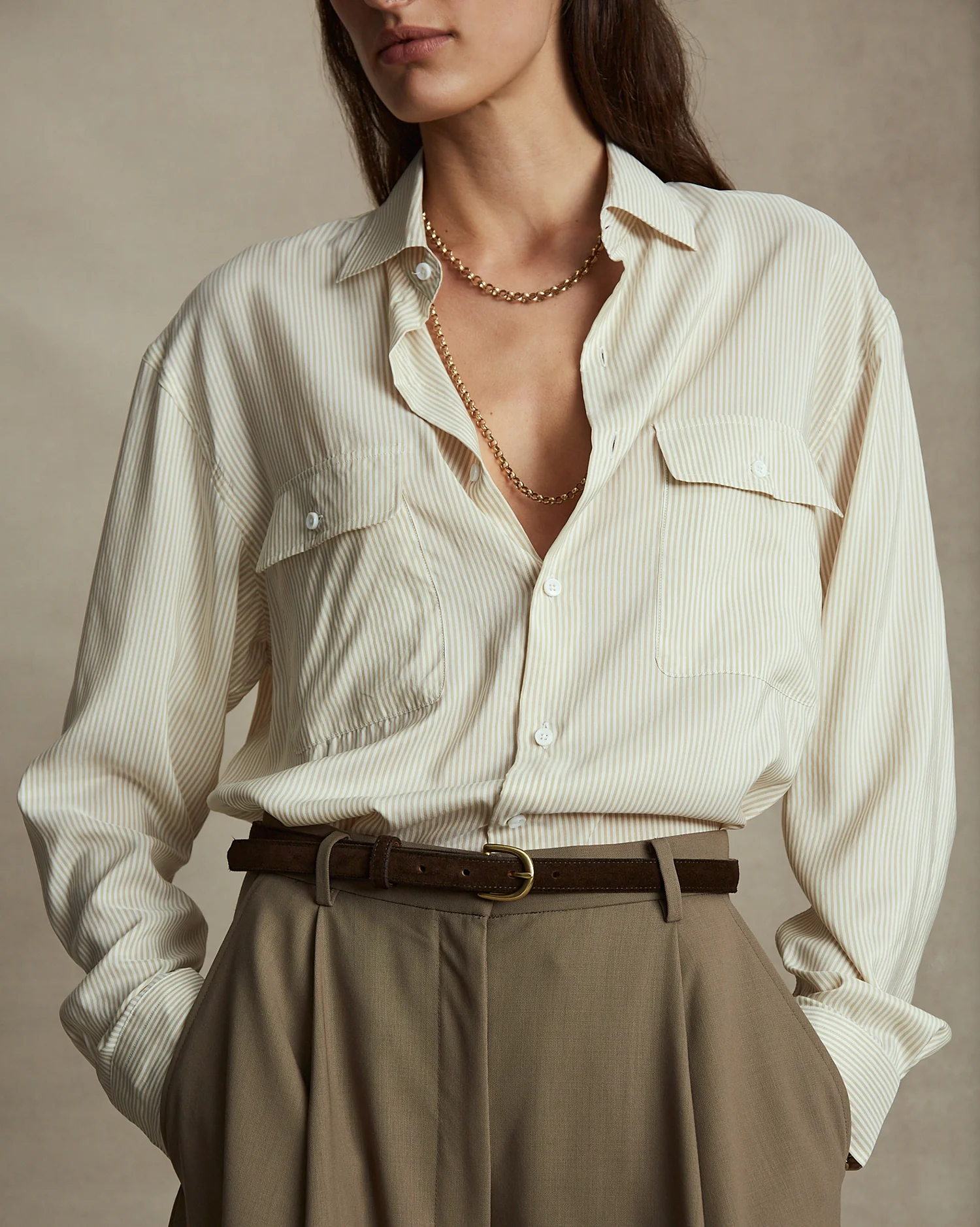 Camilla Shirt - Beige Stripe Silk - Image 5