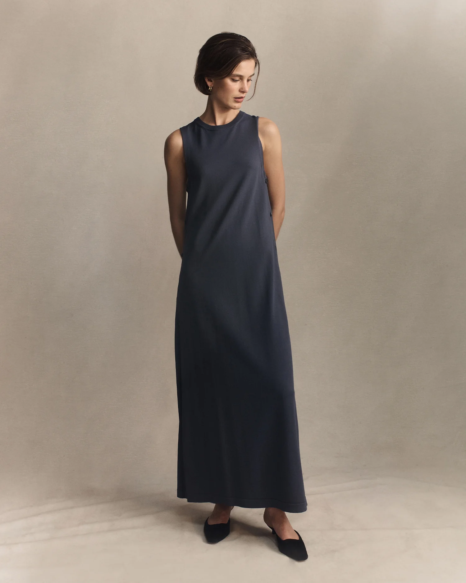 Crepe Knit Button Dress - Oily Blue - Image 3
