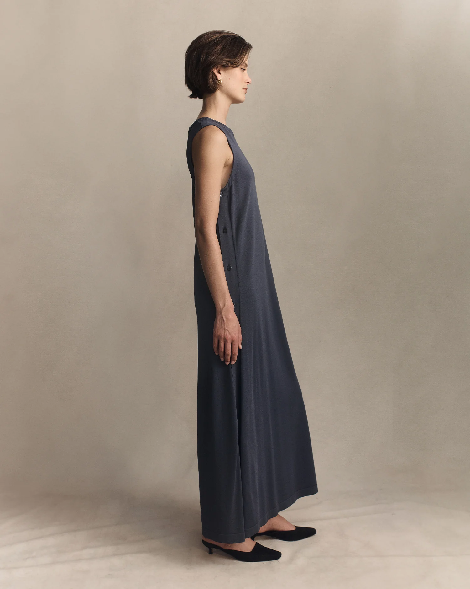Crepe Knit Button Dress - Oily Blue - Image 4