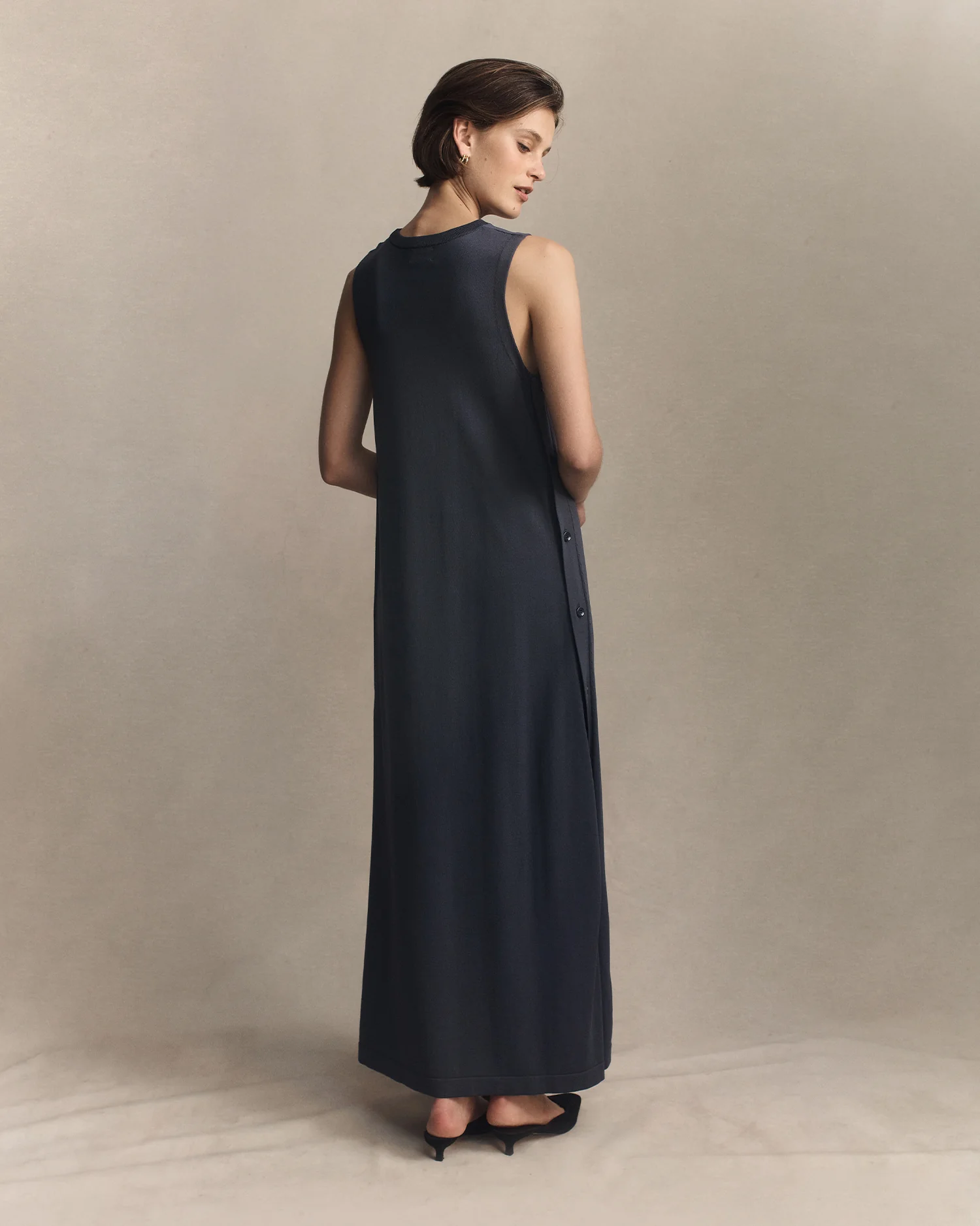 Crepe Knit Button Dress - Oily Blue - Image 5