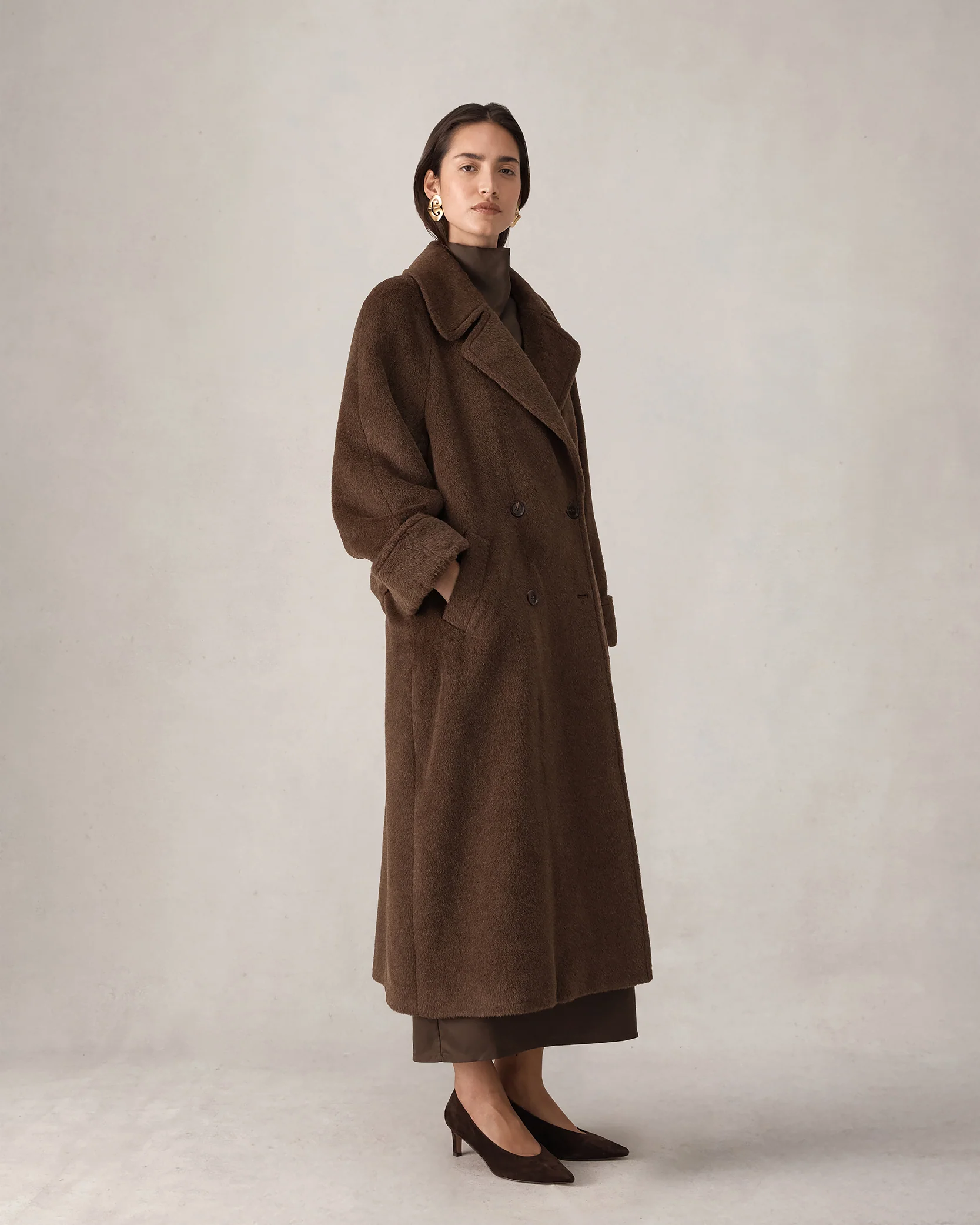 Double Breasted Raglan Overcoat - Brown - Image 5