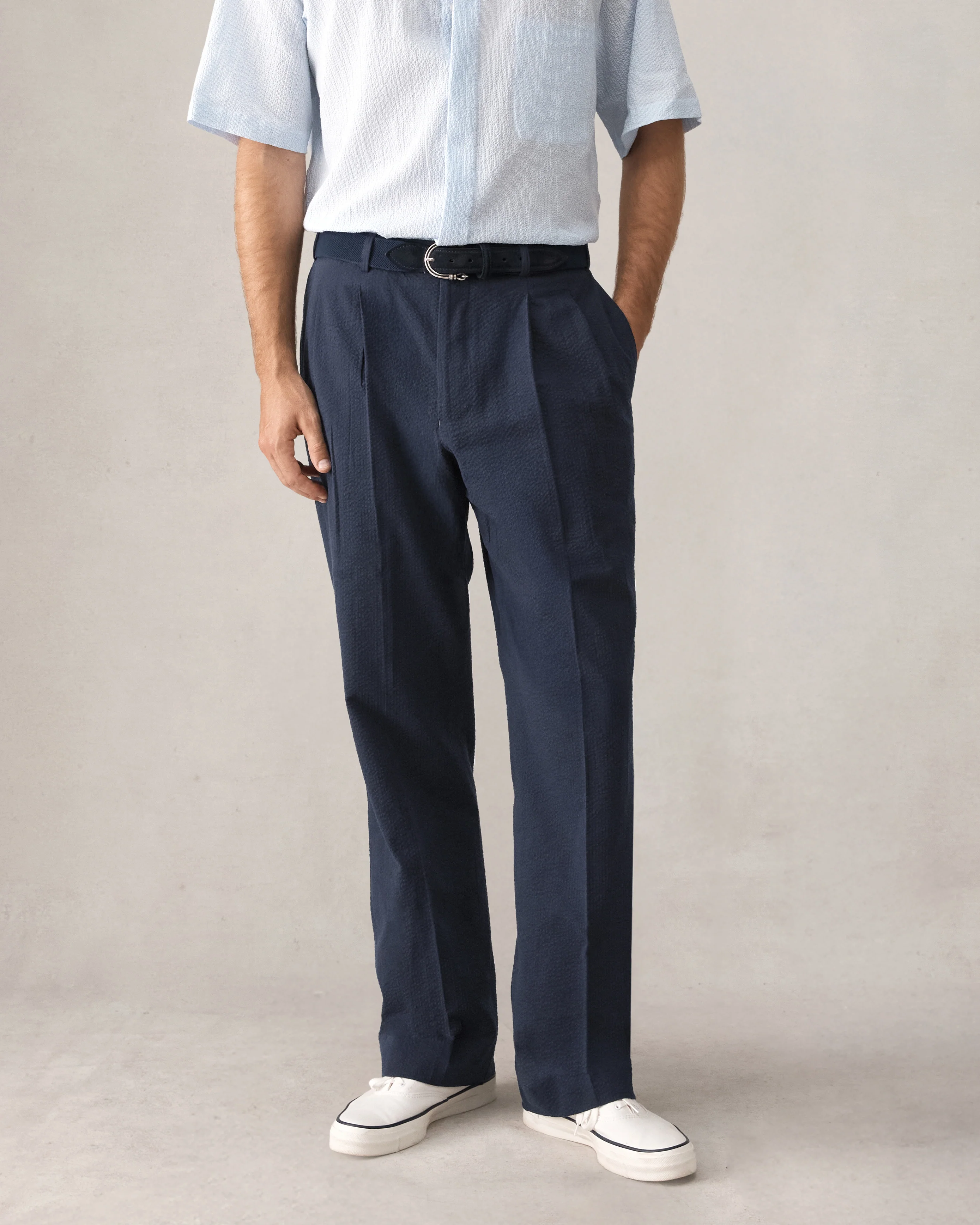 Double Pleated Trousers - Navy Seersucker - Image 5