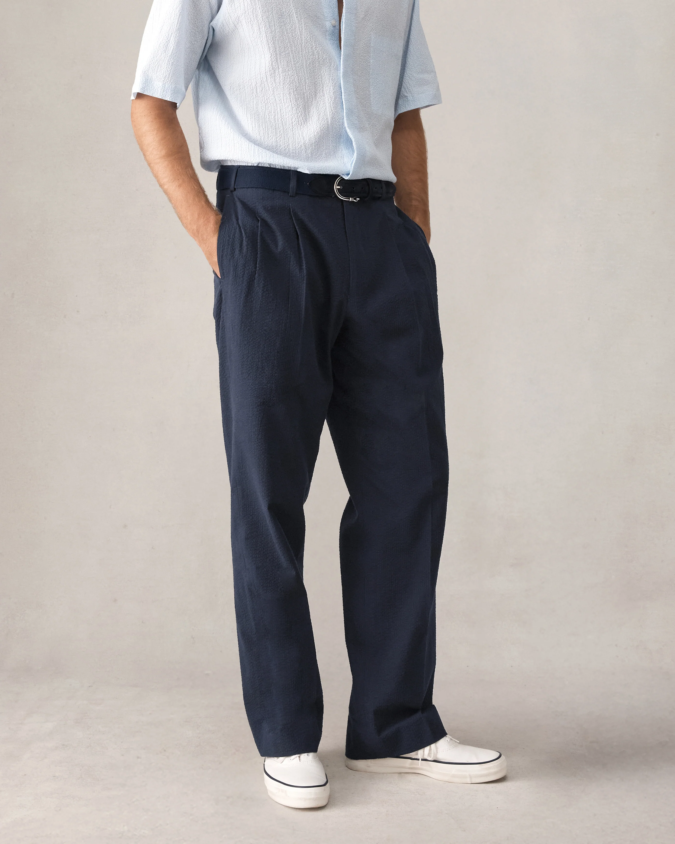 Double Pleated Trousers - Navy Seersucker - Image 6
