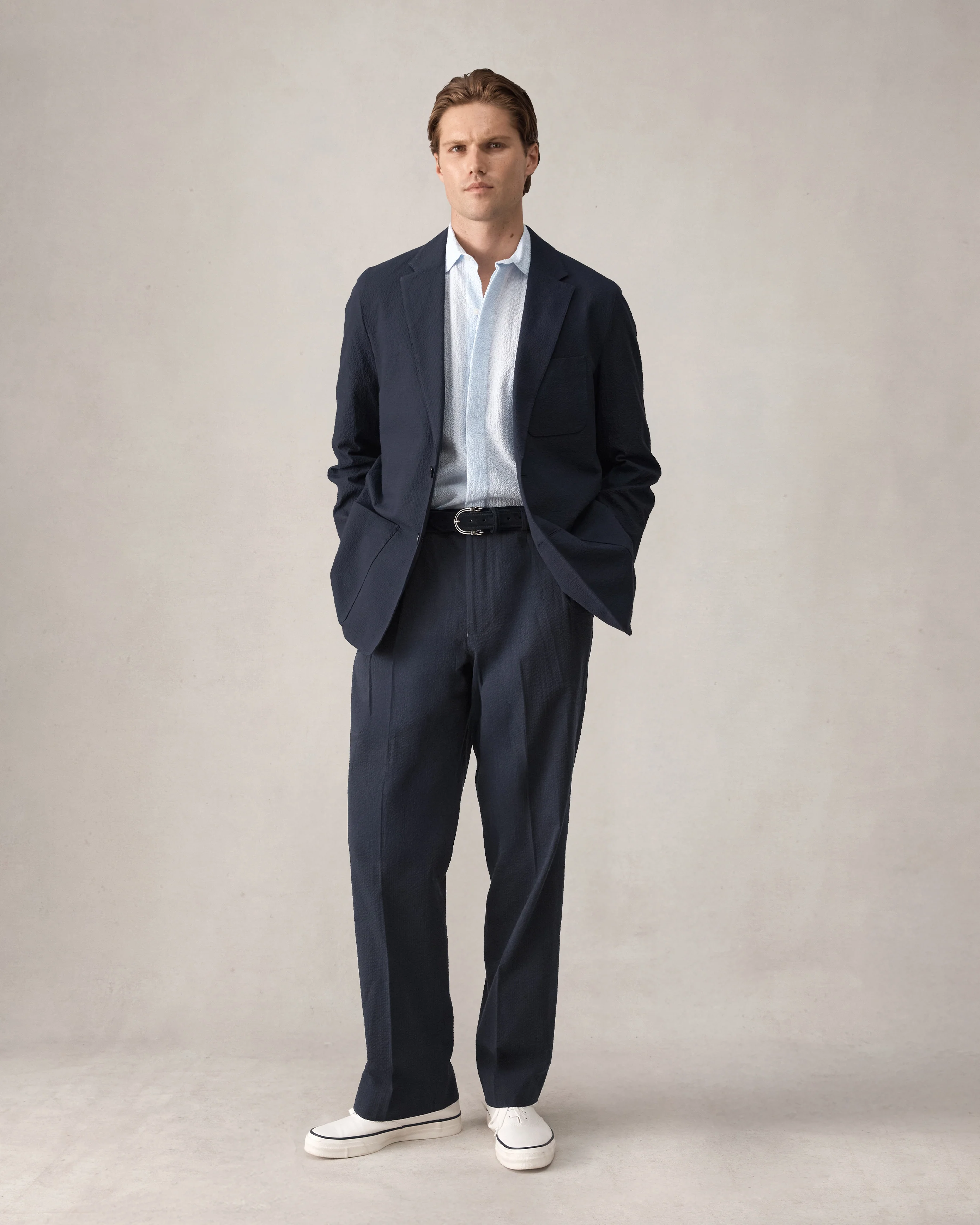 Double Pleated Trousers - Navy Seersucker - Image 8