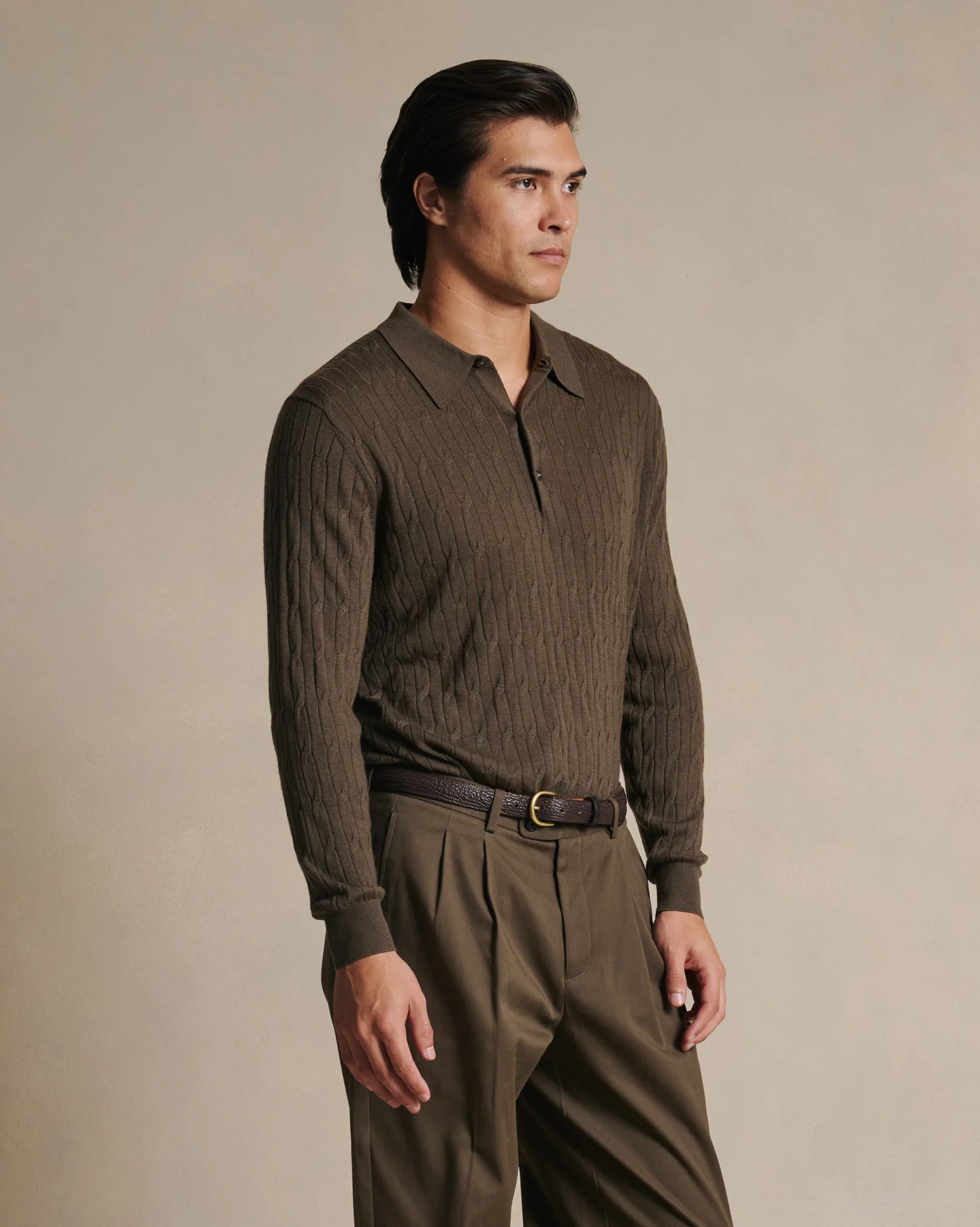 Merino Cable Knit Polo - Moss - Image 3