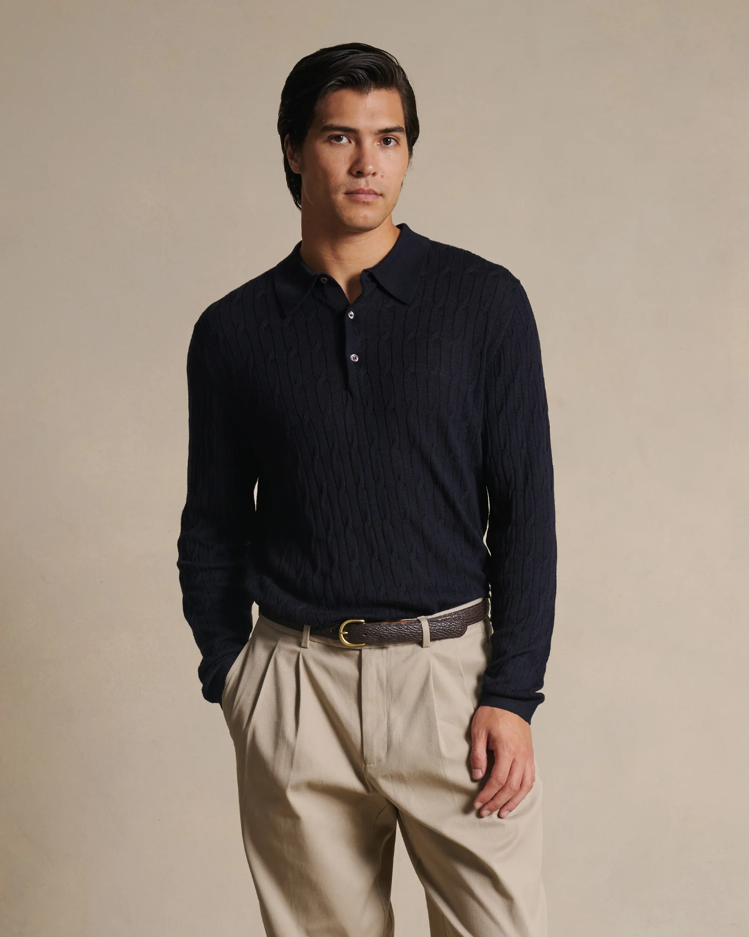 Merino Cable Knit Polo - Navy