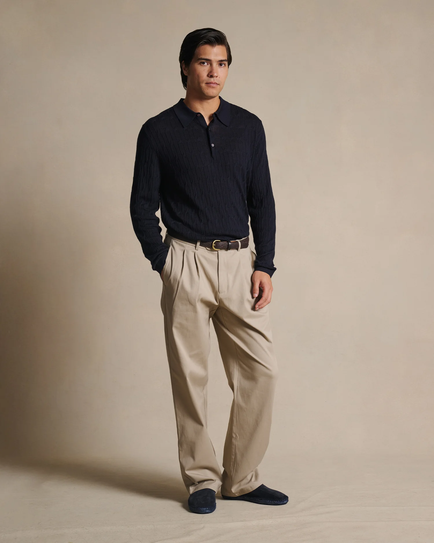 Merino Cable Knit Polo - Navy - Image 2