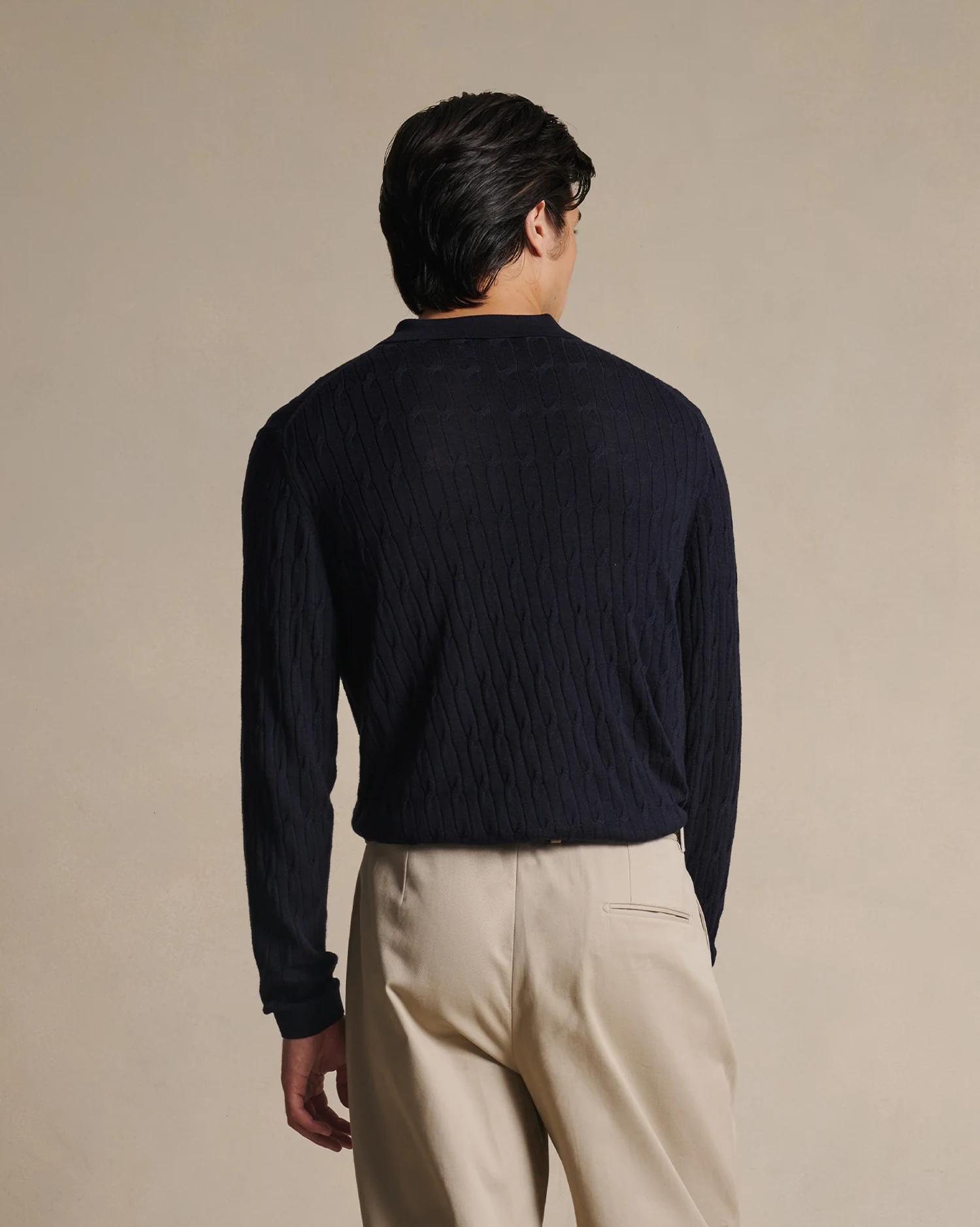 Merino Cable Knit Polo - Navy - Image 3
