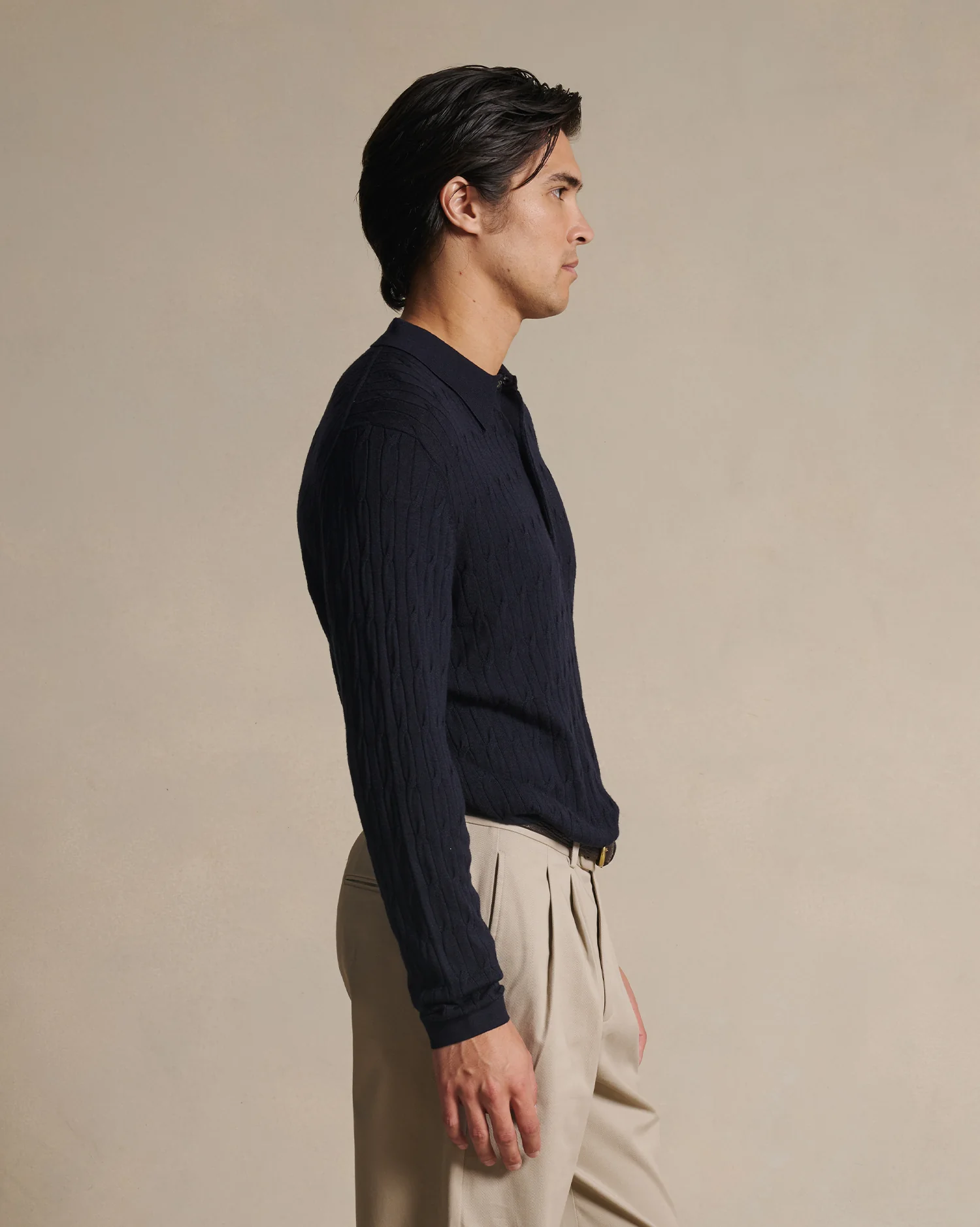 Merino Cable Knit Polo - Navy - Image 4