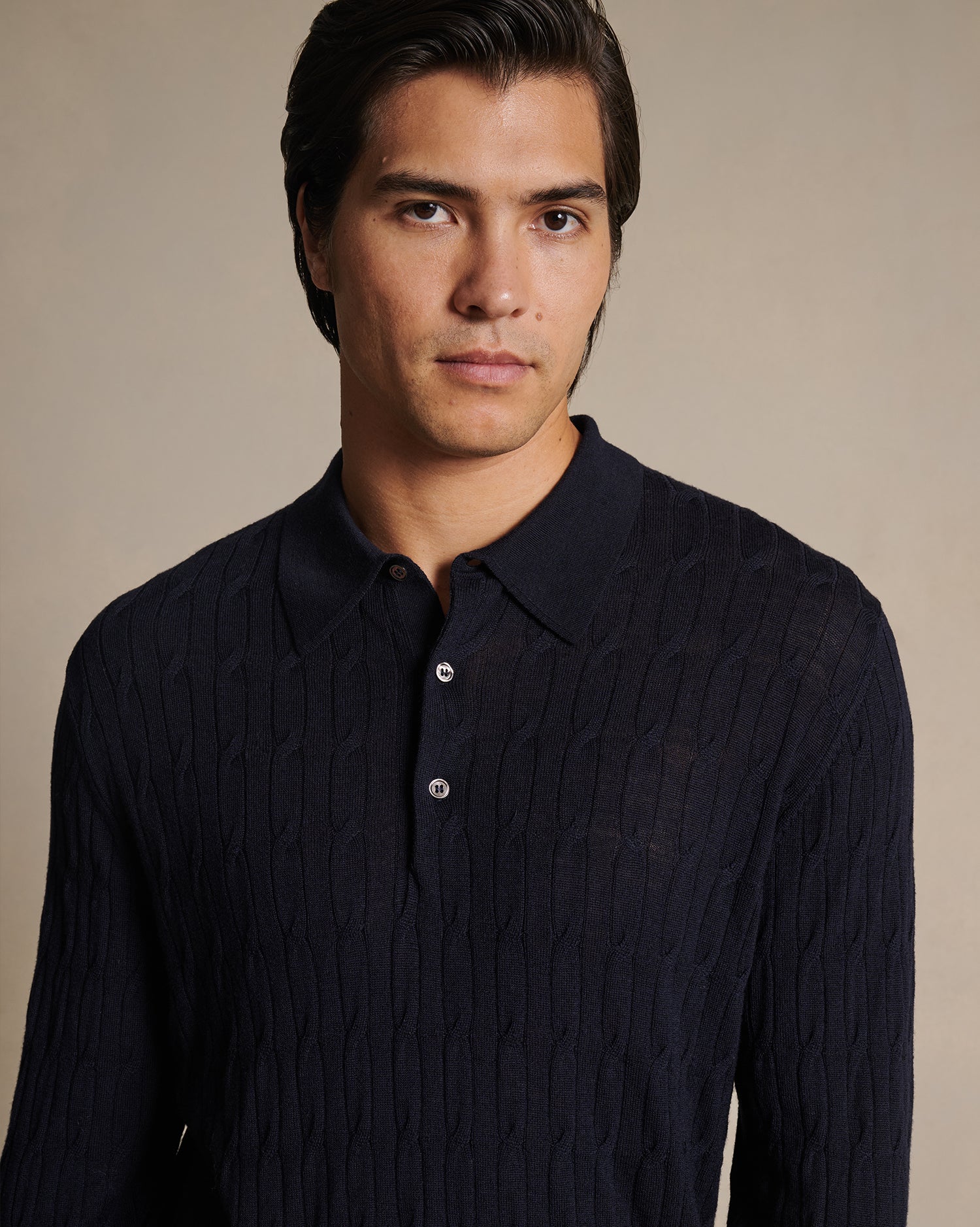 Merino Cable Knit Polo - Navy - Image 5