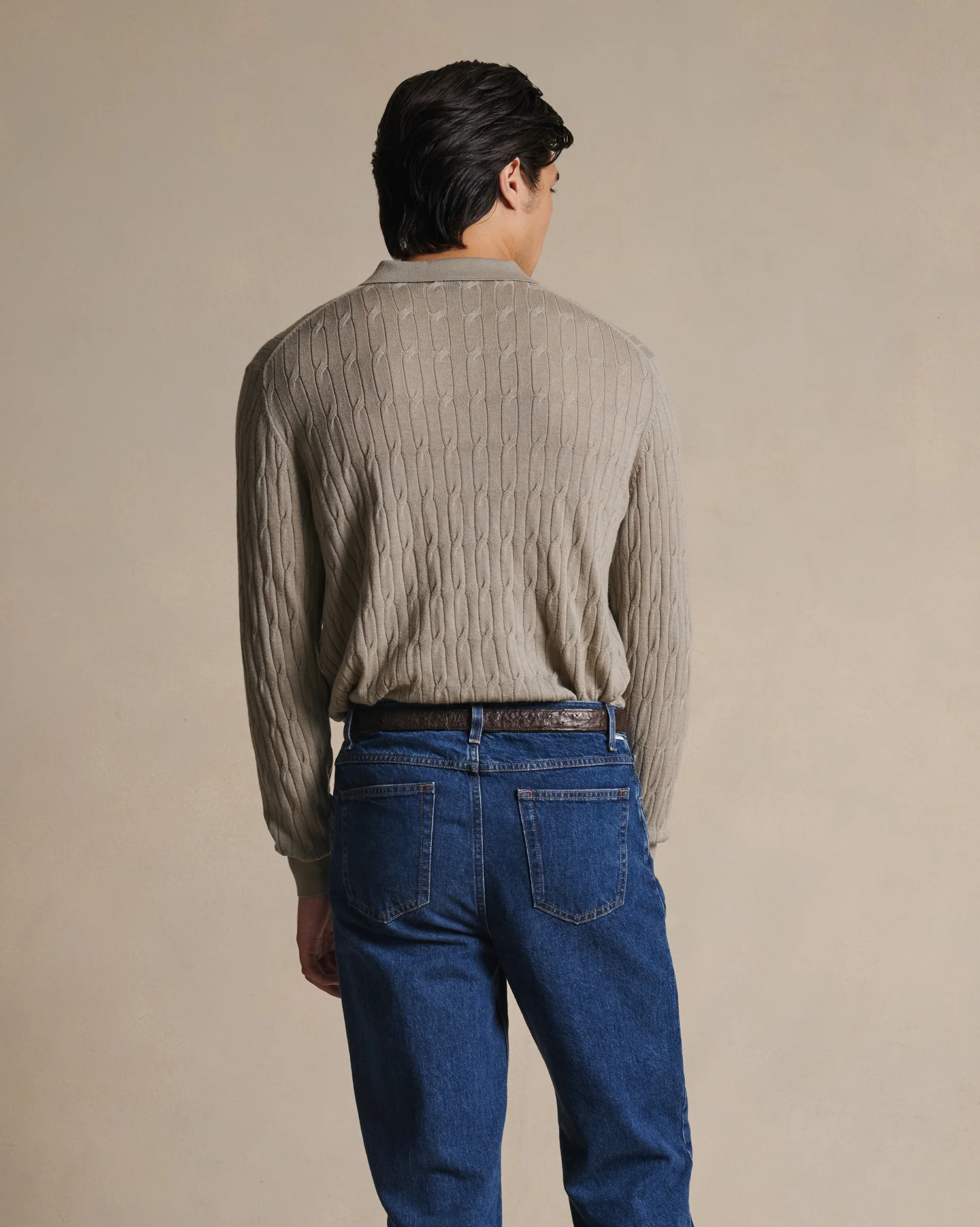 Merino Cable Knit Polo - Stone - Image 3