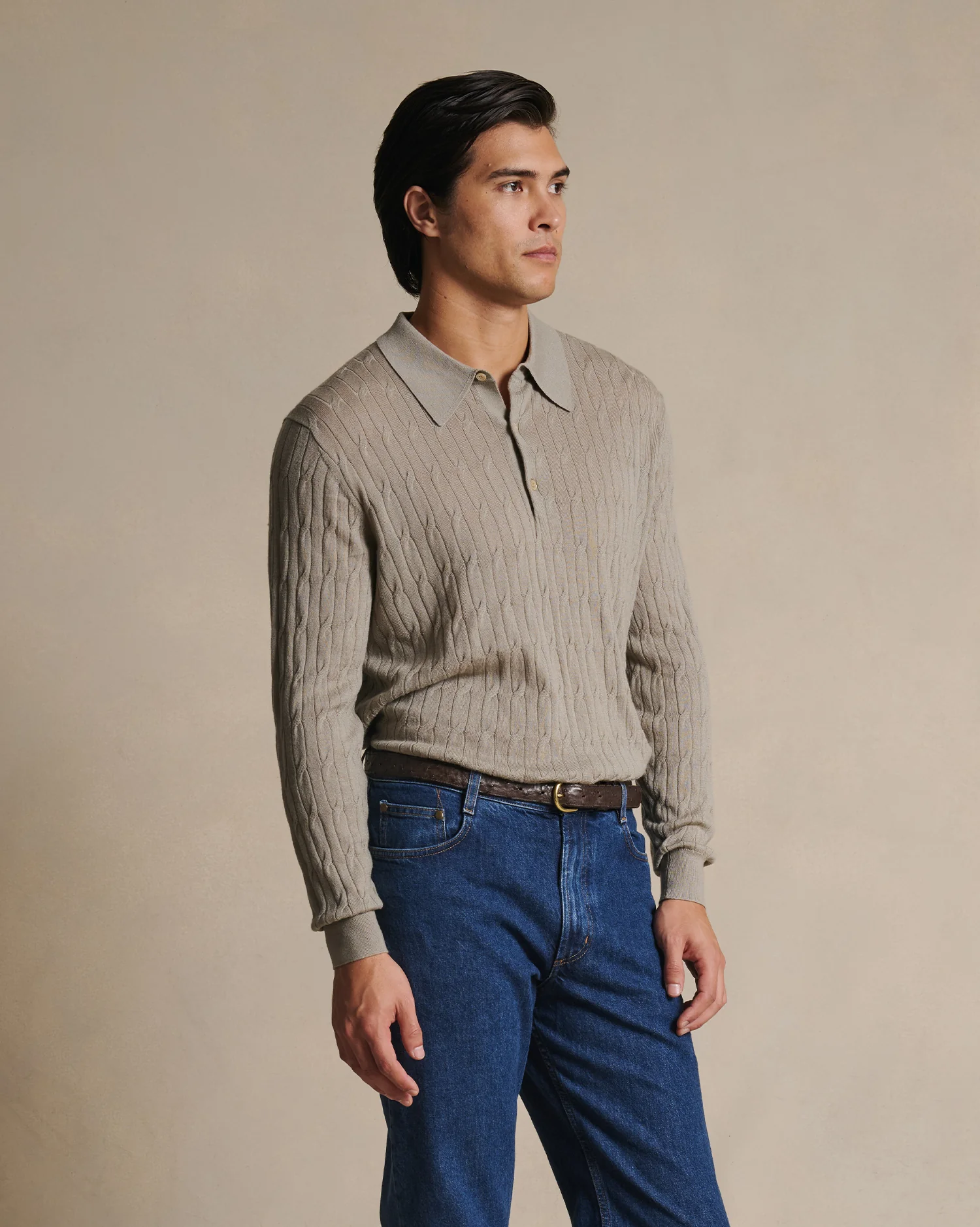 Merino Cable Knit Polo - Stone - Image 4