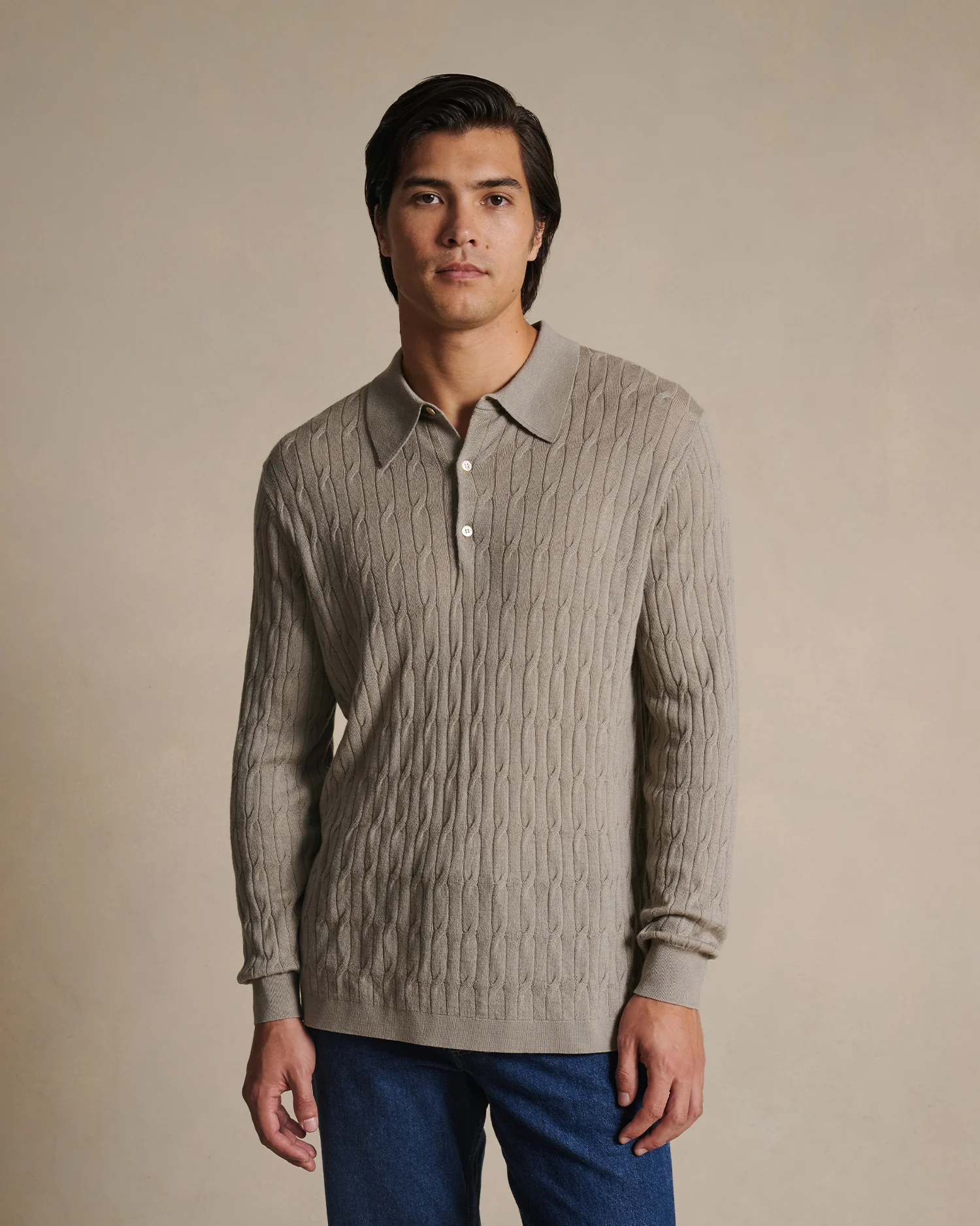 Merino Cable Knit Polo - Stone - Image 5
