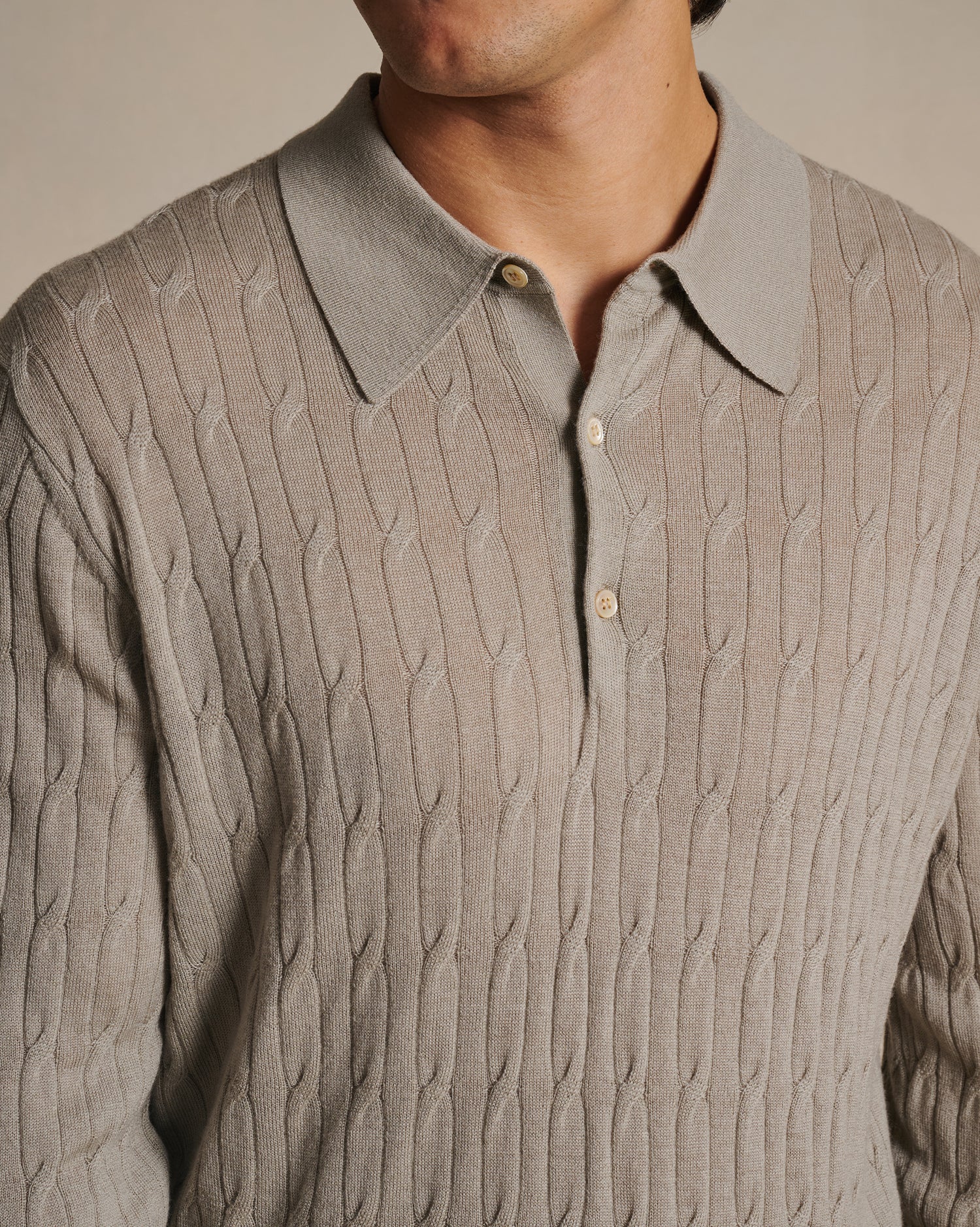 Merino Cable Knit Polo - Stone - Image 6