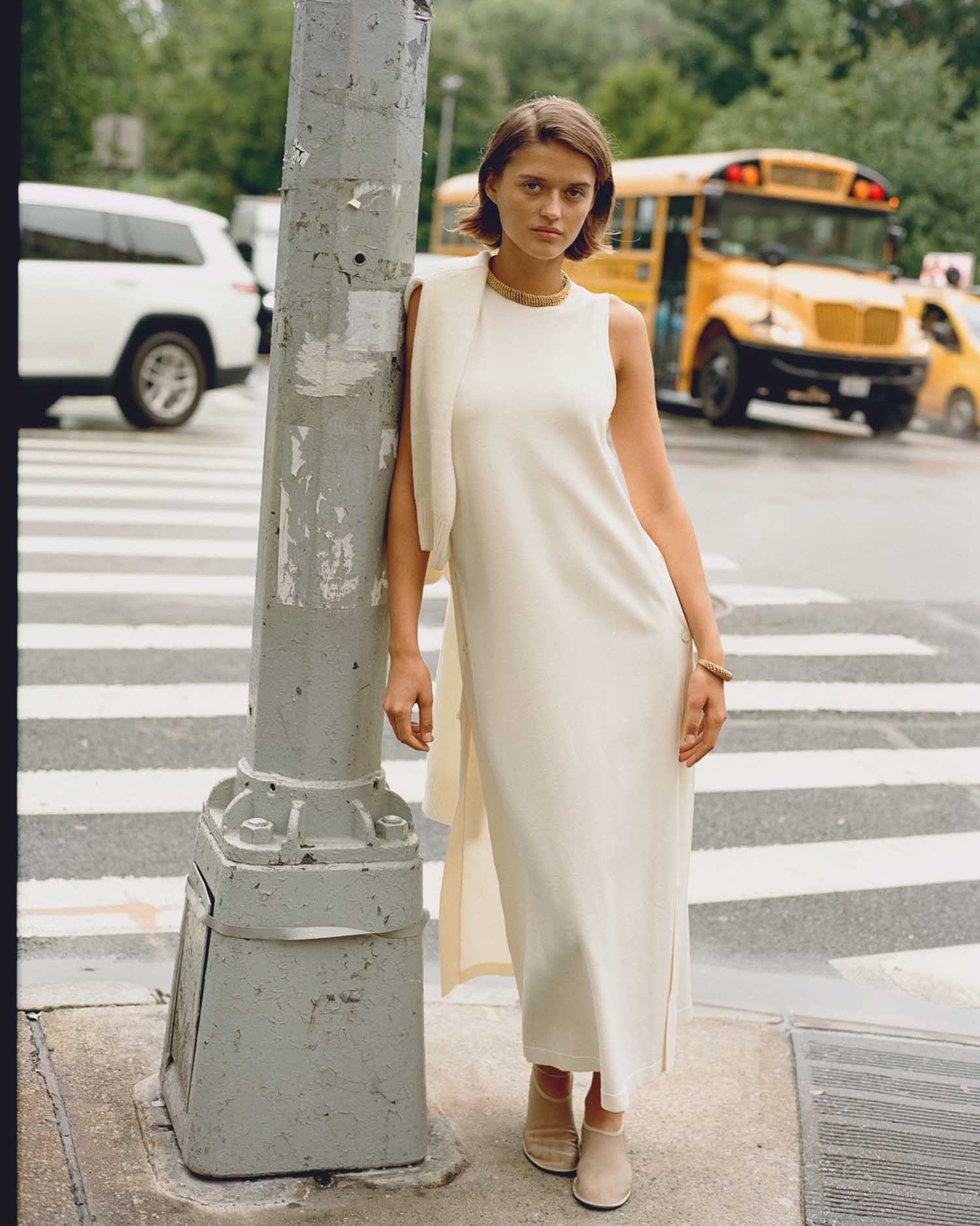 Crepe Knit Button Dress - Off White - Image 4