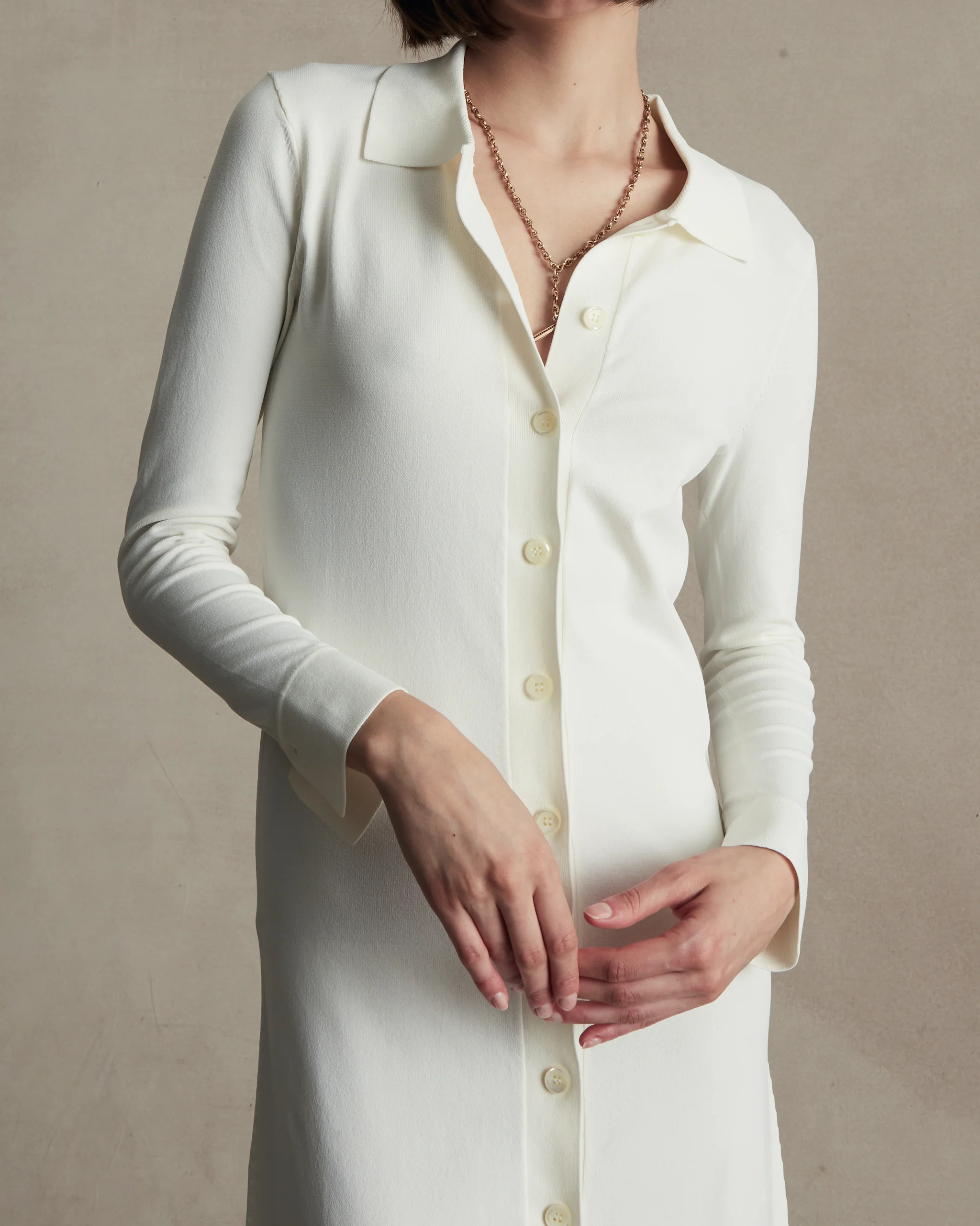 Crepe Knit Shirt Dress - Off White - Image 4