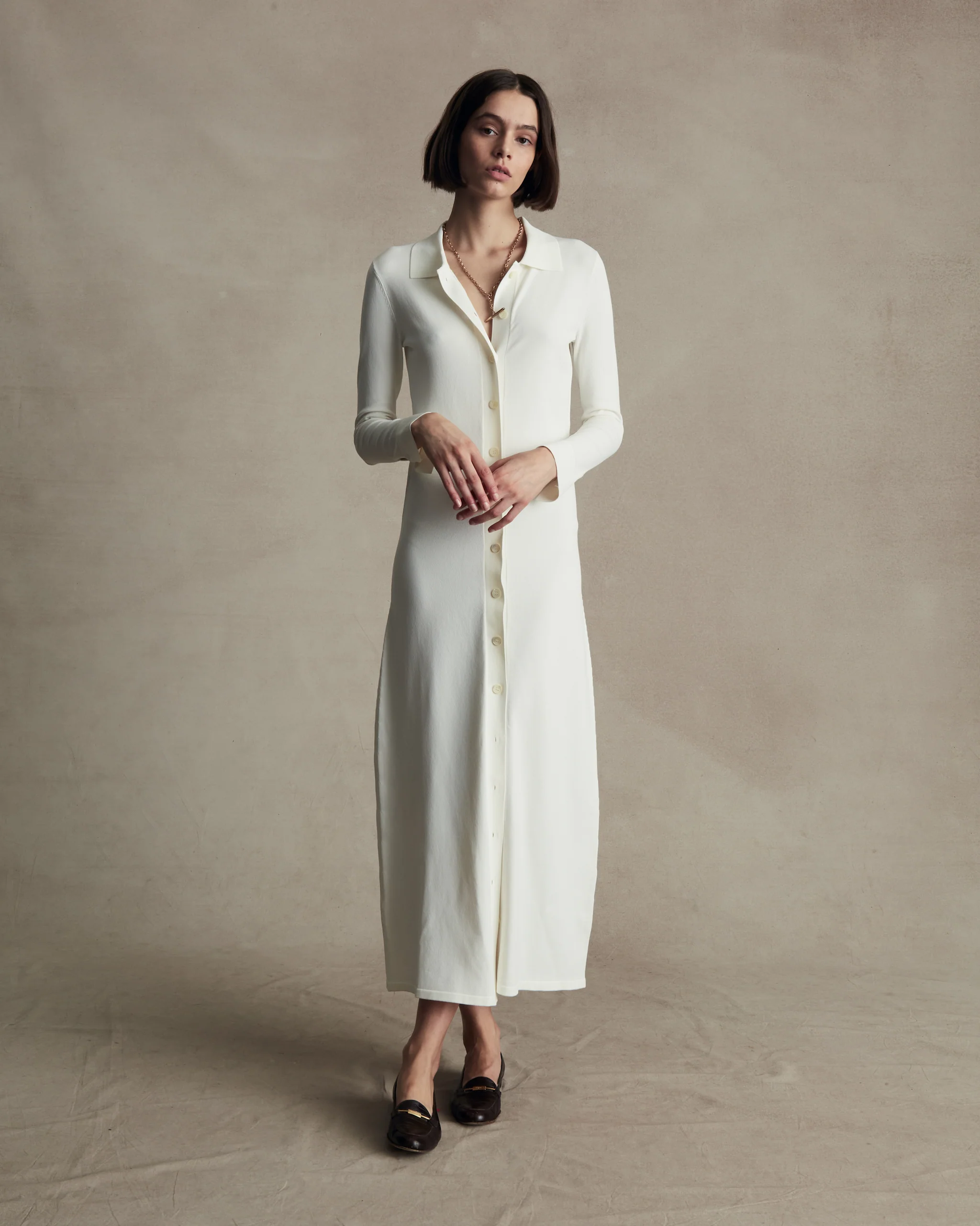 Crepe Knit Shirt Dress - Off White - Image 5